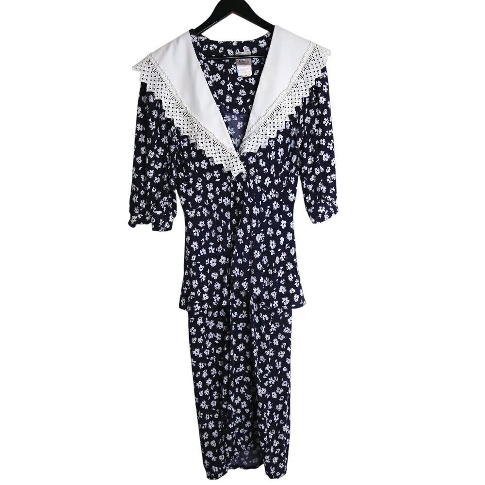 Vintage Floral 80s Collar Lace White Trim Midi Dark Blue Ruffle Dress Size 7/8